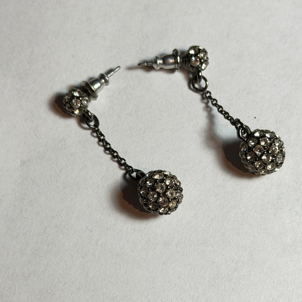 Crystal Ball Drop EarringsSilver/Blk Tone Vintage Elegant Feminine